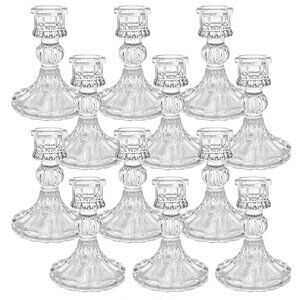 12 Glass Candlestick Holders - Clear Taper Stripe Candle Holders
